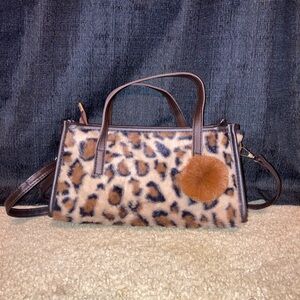 SHEIN Leopard Faux Fur Shoulder Satchel with Brown Trim and Pom